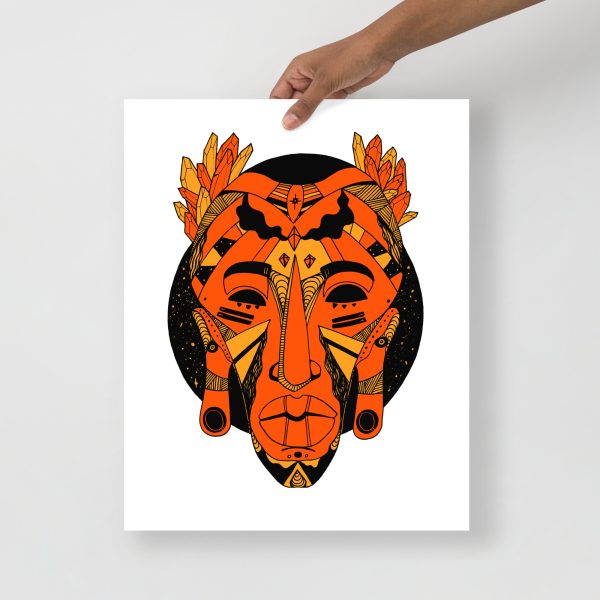 Orange and black African mask art print on matte museum-quality paper for tribal wall decor