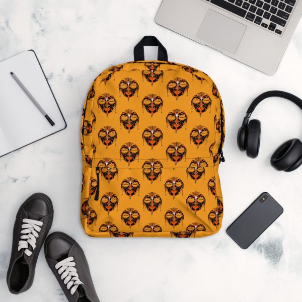 Orange and black African mask tribal backpack with multiple pockets for daily and sports use