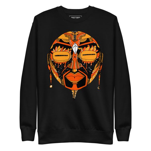 Orange and black African mask print sweatshirt with ribbed crew neck and long sleeves
