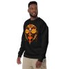 Orange and black African mask print sweatshirt with ribbed crew neck and long sleeves