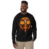 Orange and black African mask print sweatshirt with ribbed crew neck and long sleeves