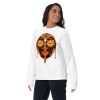 Orange and black African mask print crewneck sweatshirt with ribbed cuffs and flat hem