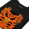 Orange and black African mask print crew neck sweatshirt with ribbed cuffs and flat hem
