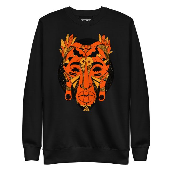 Orange and black African mask graphic sweatshirt with ribbed crew neck and long sleeves