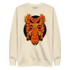 Orange and black African mask print crew neck sweatshirt with ribbed cuffs and flat hem