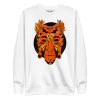 Orange and black African mask print sweatshirt with ribbed crew neck and long sleeves