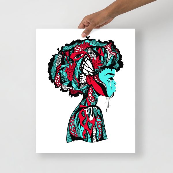 Turquoise and red Afrocentric art print titled Beautiful Mind on matte museum-quality paper