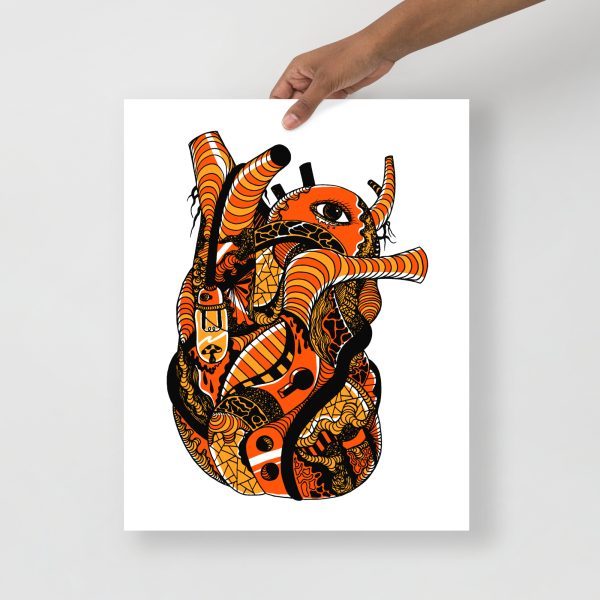 Orange and black anatomical heart art print on matte museum-quality paper