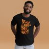 Black cotton t-shirt with orange anatomical heart graphic, shown from the front