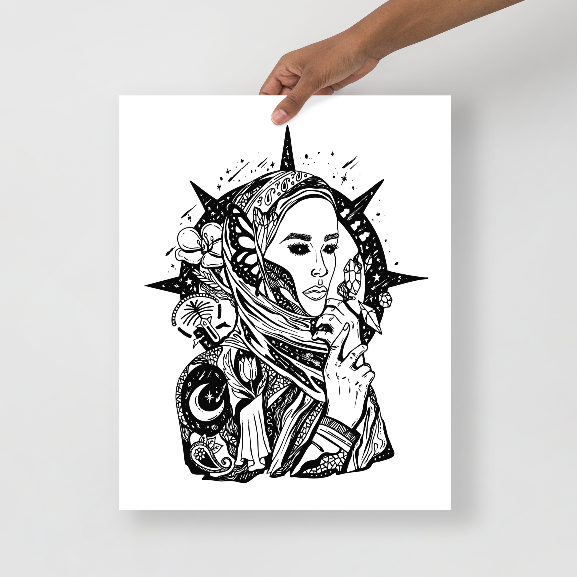 Hand-drawn Arabian women art portrait with celestial motifs and traditional Middle Eastern patterns in pen and ink