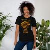 Afrocentric t-shirt featuring Black is Beautiful Beautiful Mind design in gold lettering on cotton fabric