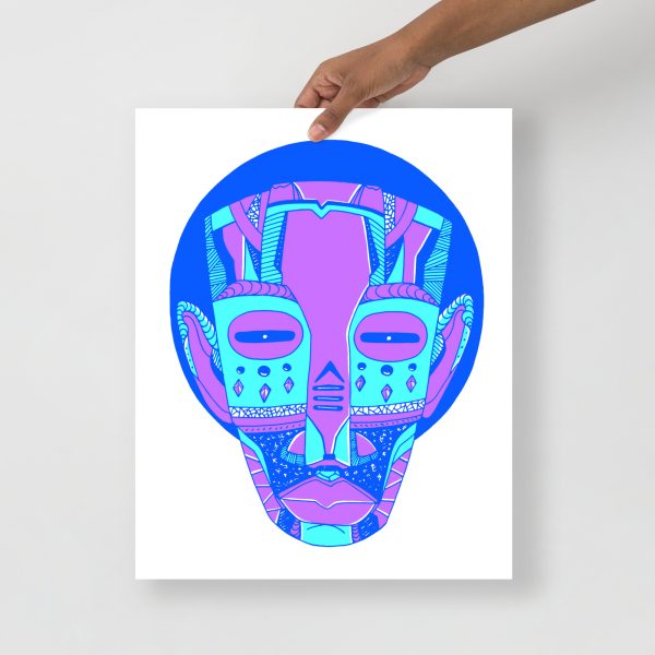 Blue African mask art print on matte museum-quality paper for minimal home decor