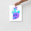 Blue cat art print featuring a magical cat and skull on matte museum-quality paper
