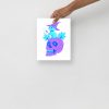 Matte museum-quality blue cat and skull art print displayed on wall