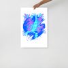 Blue cosmic scorpion art print on matte museum-quality paper displayed on a wall