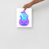 Blue cat art print depicting a cat sitting on a pumpkin on matte museum-quality paper