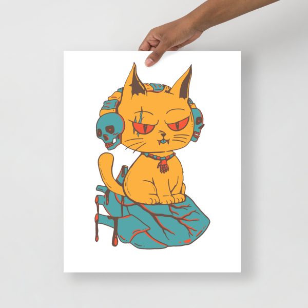 Minimal cat art print featuring a wicked cat on a heart in matte museum-quality paper