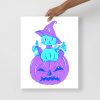Minimal blue cat art print showing a cat sitting on a pumpkin on matte paper
