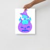 Blue cat art print showing a cat sitting on a pumpkin on matte paper