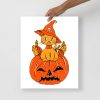 Black and orange cat drawing sitting on a pumpkin, matte museum-quality cat art print