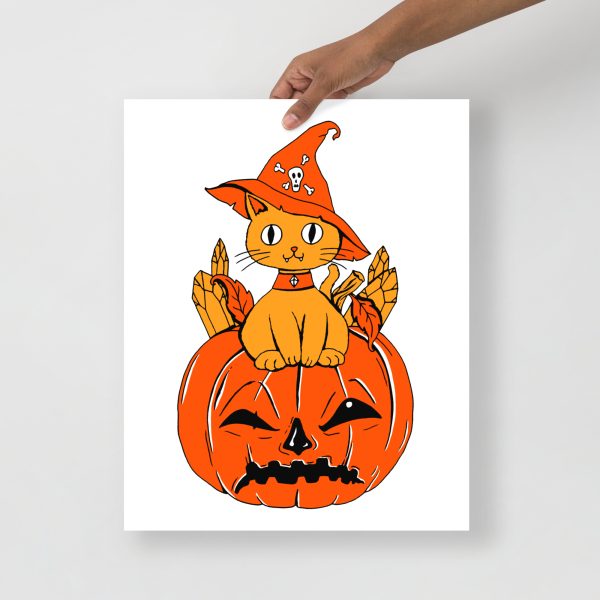 Black and orange cat drawing sitting on a pumpkin, matte museum-quality cat art print