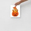 Black and orange cat drawing on a pumpkin, matte museum-quality cat art print
