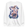 Pink cat sweatshirt with magical cat of fortune drawing and ribbed crew neck