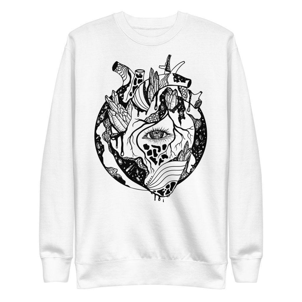Cosmic heart graphic sweatshirt with ribbed crew neck and soft fleece interior for streetwear style