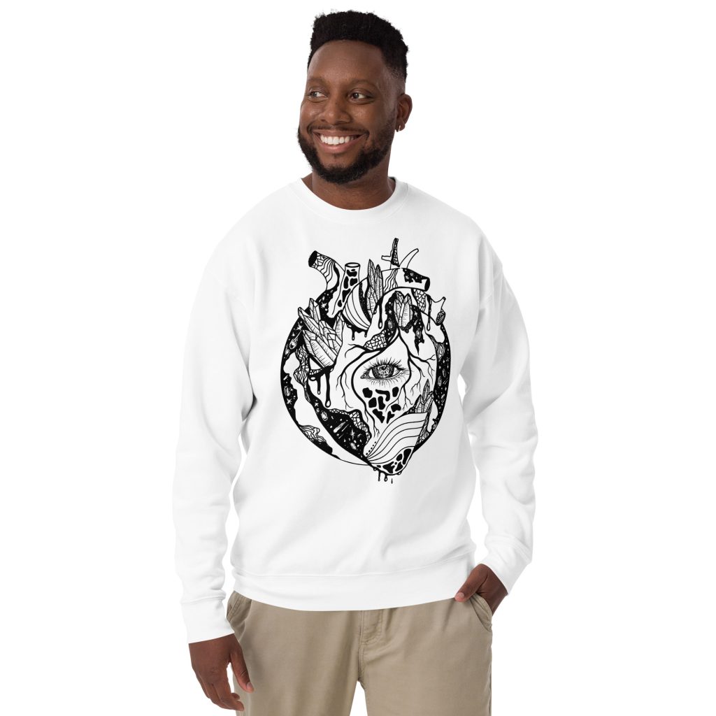 Cosmic Heart graphic sweatshirt with ribbed crew neck and soft fleece for streetwear style