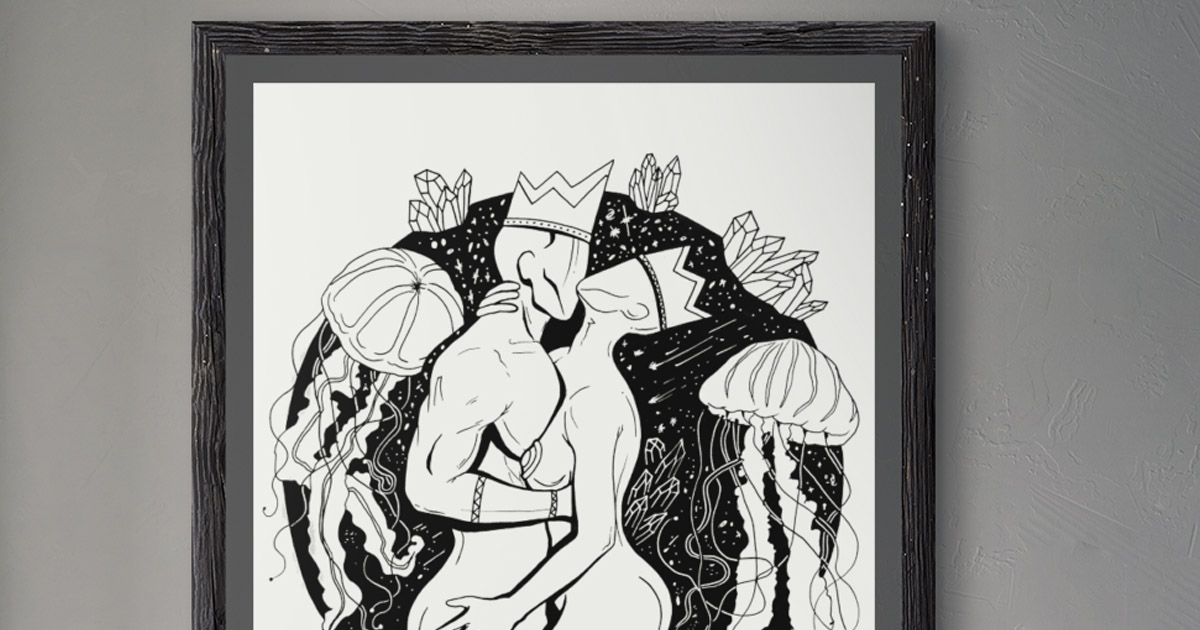 Romantic couple art in black frame featuring two crowned figures in an intimate embrace, surrounded by jellyfish, crystals, and celestial elements in detailed pen and ink illustration style