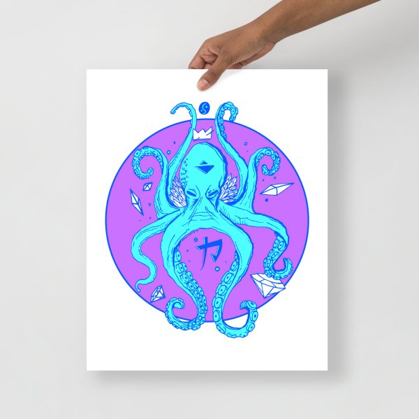 Blue art print of a crowned octopus on matte museum-quality paper for wall decor