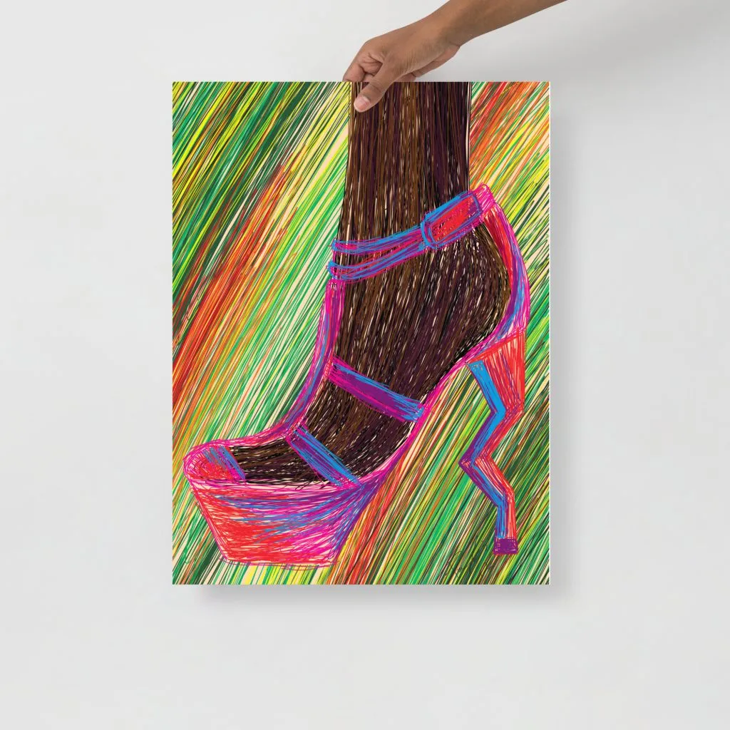 Minimal matte art print of ebony woman drawing in high heels for wall decor