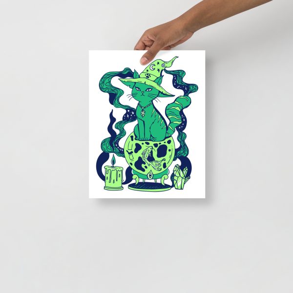 Green Cat Drawing “Magical Cat of Fortune” Cat Art Print (Green Edition) - Image 2