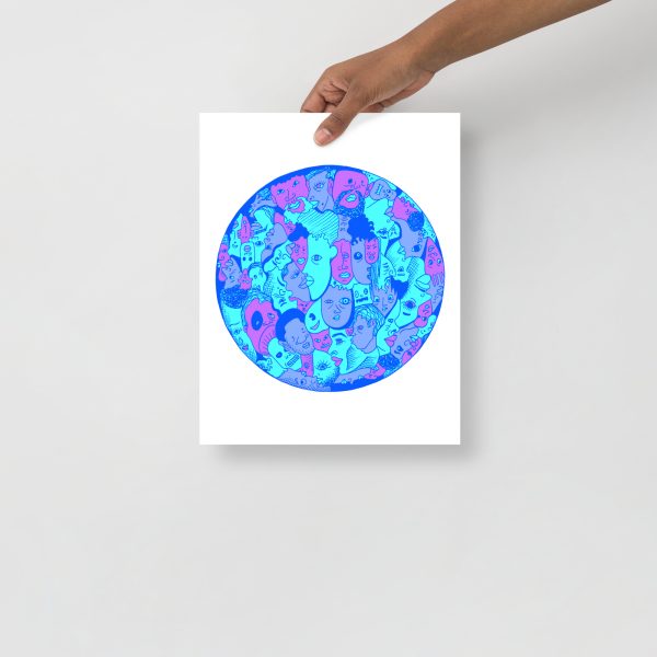 Blue Art Print "Many Faces" Blue Drawing Art - Image 2