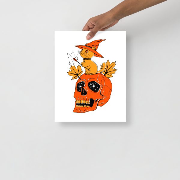 Black and Orange Cat Drawing “Magical Cat and Skull” Cat Art Print - Image 2