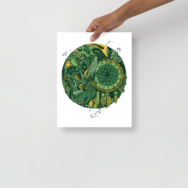 Green Gold Skull Artwork "Skull and Dreamcatcher Circle" Skull Drawing - Image 2