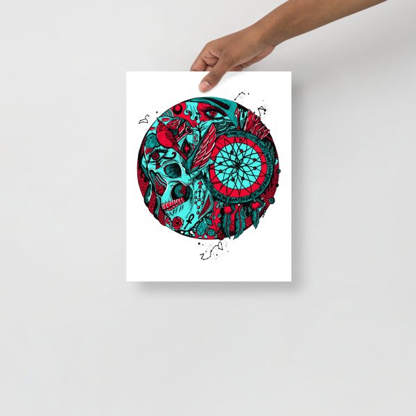 Turquoise Red Skull Artwork "Skull and Dreamcatcher Circle" Skull Drawing - Image 2