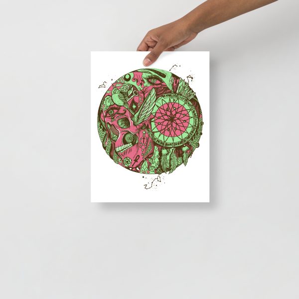 Pink and Green Skull Artwork "Skull and Dreamcatcher Circle" Skull Drawing - Image 2