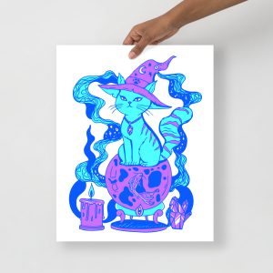 Blue Cat Drawing “Magical Cat of Fortune” Cat Art Print (Electric Blue Edition)