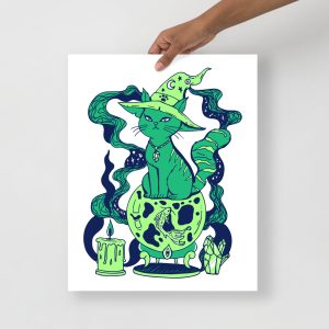 Green Cat Drawing “Magical Cat of Fortune” Cat Art Print (Green Edition)