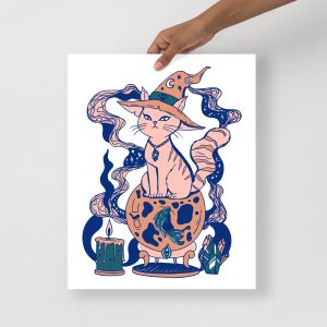 Pink Cat Drawing “Magical Cat of Fortune” Cat Art Print
