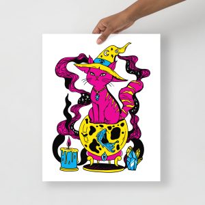 CMYK Pink Cat Drawing “Magical Cat of Fortune” Cat Art Print