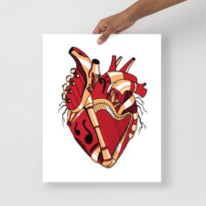 Heart Drawing “Musical Heart No. 2” Anatomical Heart Art (Red and Cream)