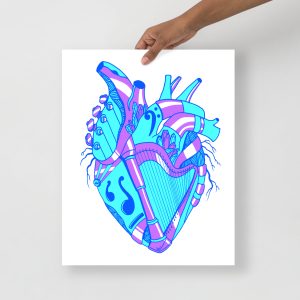 Heart Drawing “Musical Heart No. 2” Anatomical Heart Art (Blue)