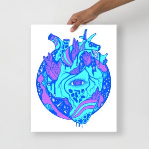 Blue Art Print "Blue Cosmic Heart" Blue Drawing Art