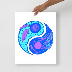 Blue Art Print "Feathers Yin Yang" Blue Drawing Art