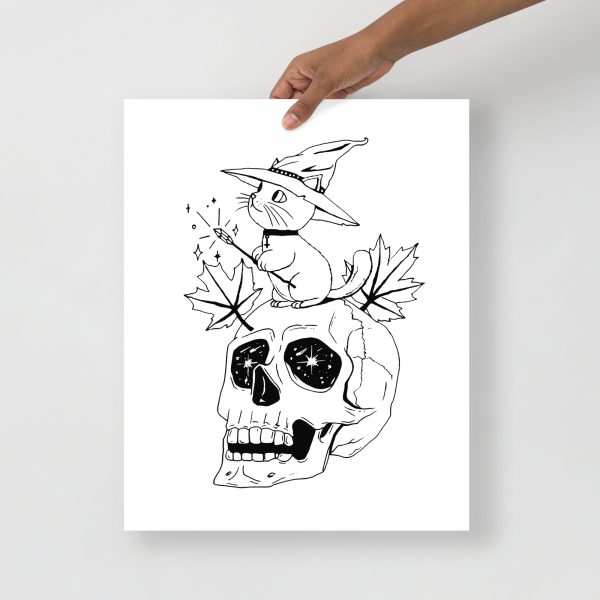 Cat Drawing “Magical Cat and Skull” Cat Art Print