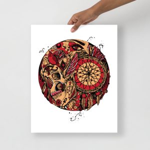 Royal Red Skull Artwork "Skull and Dreamcatcher Circle" Skull Drawing