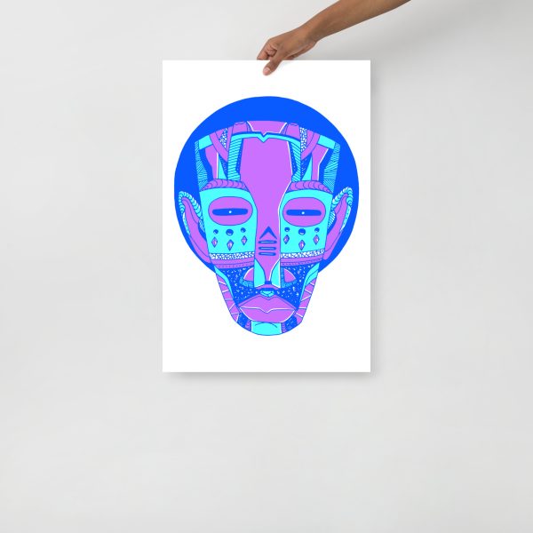 Blue Art Print "Blue African Mask 3 of 100" Blue Drawing Art - Image 3