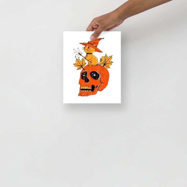 Black and Orange Cat Drawing “Magical Cat and Skull” Cat Art Print - Image 3